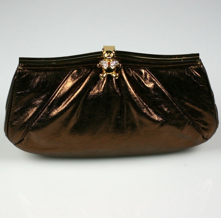 Judith Leiber Bronze Kid Clutch, Pave Teddy Bear Closure