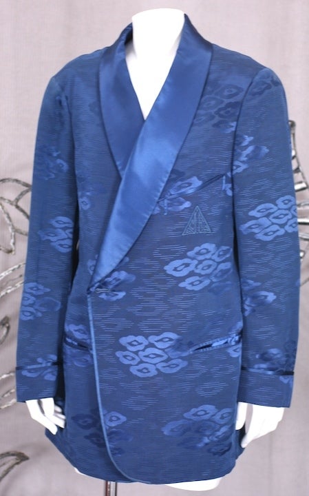 Blue Mens Sulka Silk Jacquard Smoking Jacket