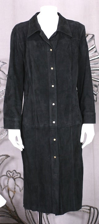 Gianni Versace buttery soft suede shirt dress with gilded Medusa logo head buttons. Excellent condition.  size 46
Italy 1990s.
