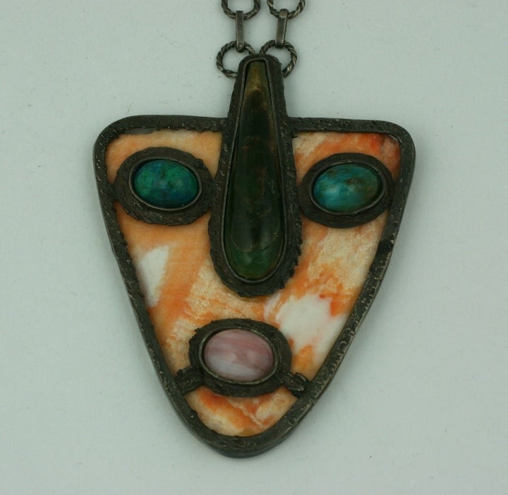 Women's Modernist Shell and Agate Mask Pendant Necklace For Sale