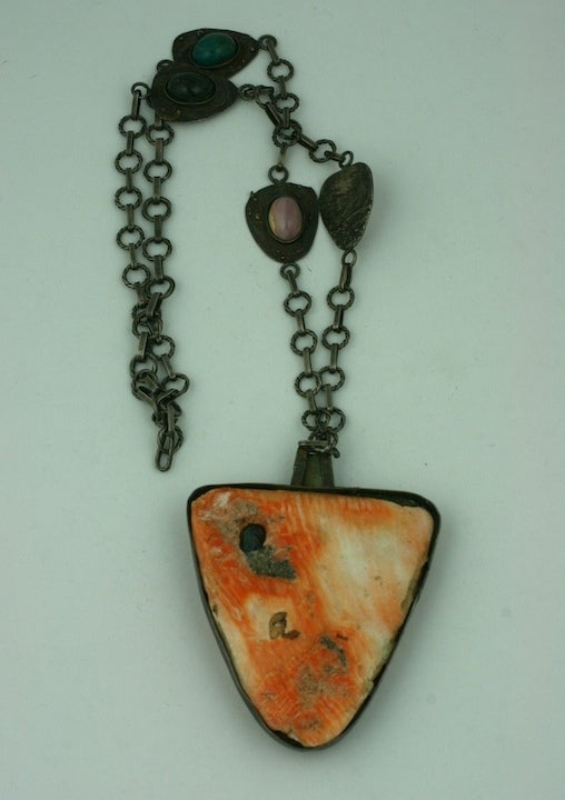 Modernist Shell and Agate Mask Pendant Necklace For Sale 1