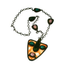 Modernist Shell and Agate Mask Pendant Necklace