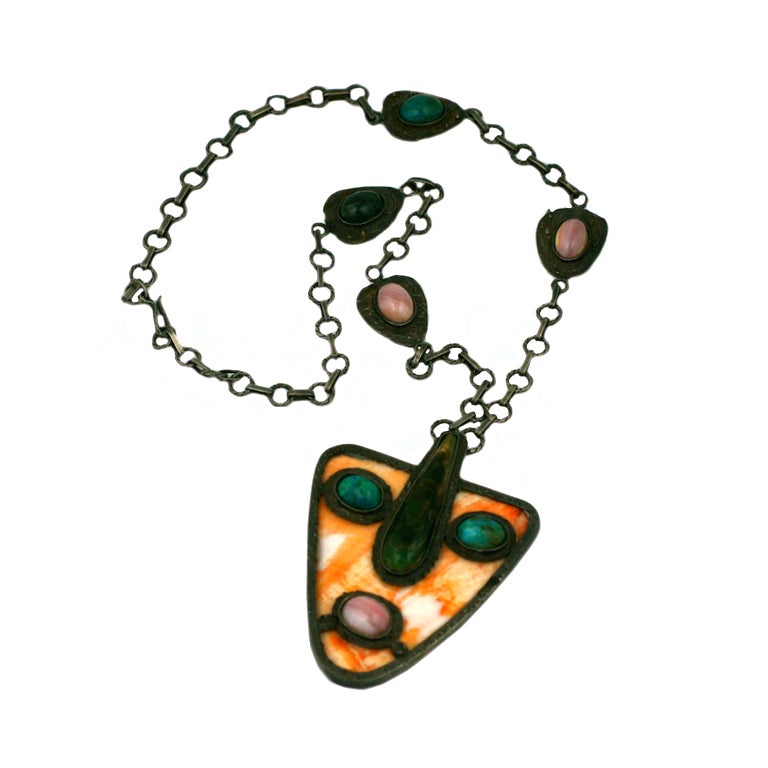 Modernist Shell and Agate Mask Pendant Necklace For Sale