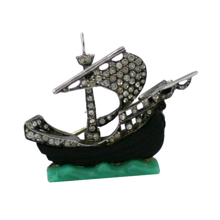 French Paste Sterling and Bakelite Galleon Brooch