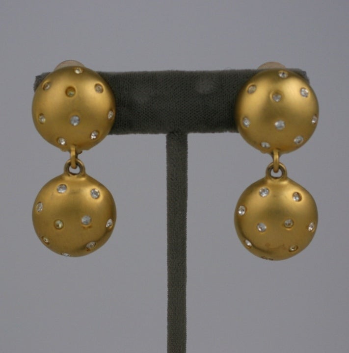 Matte gold double ball earrings with pave accents from Givenchy, Paris. 1.75