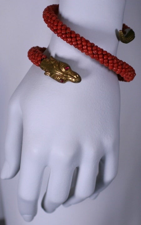Bead Wonderful Victorian Coral Coiled Snake Bracelet For Sale