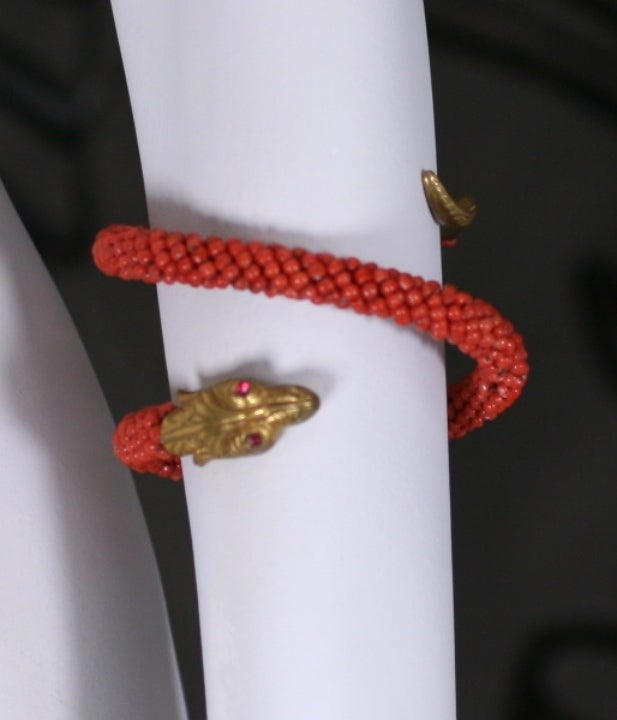 Wonderful Victorian Coral Coiled Snake Bracelet In Excellent Condition For Sale In New York, NY