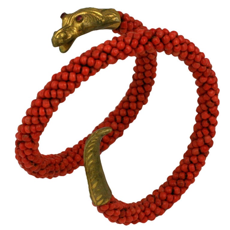 Wonderful Victorian Coral Coiled Snake Bracelet For Sale