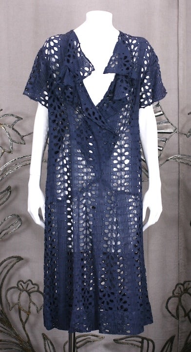 1920's Navy Eyelet Dress In Good Condition In New York, NY
