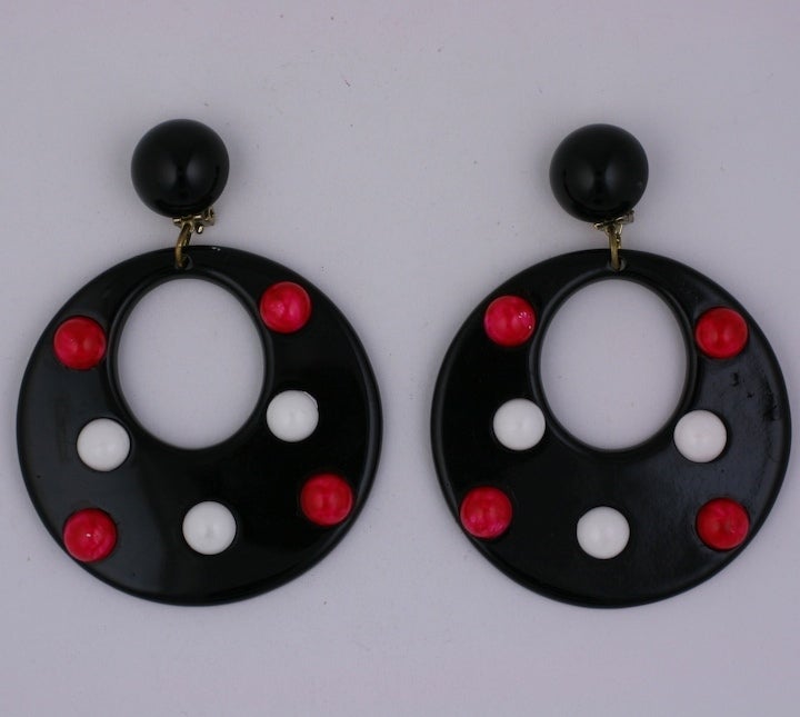 1960s mod oversized hoop earrings, of black, white and hot pink resin. 

3