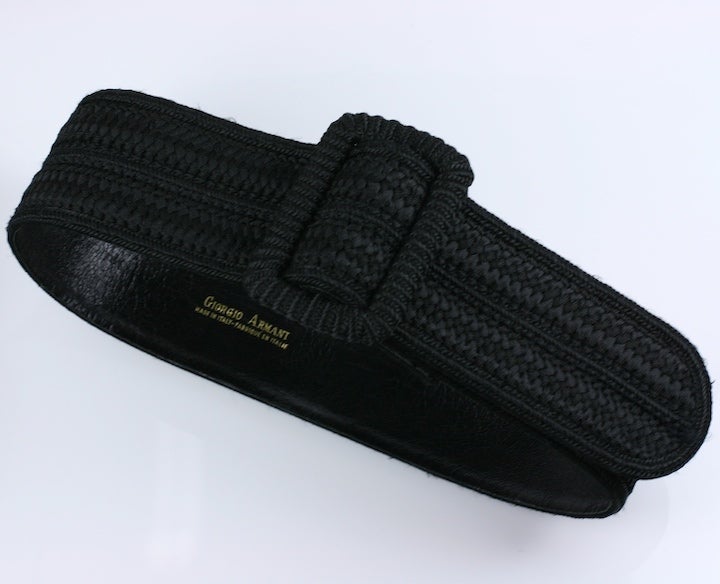 Giorgio Armani wide black soutache belt lined in black leather. 1980's Italy.
Excellent condition.  3