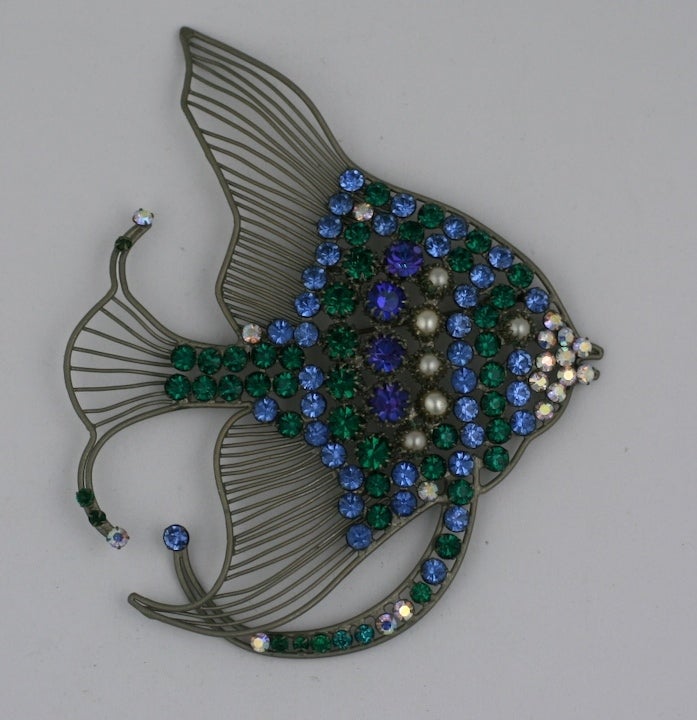 A rare Countess Cis figural brooch in the form of a large angel fish handset with a myriad of colored stones and pearls. 1950's France. Handmade and large scale.  4.75