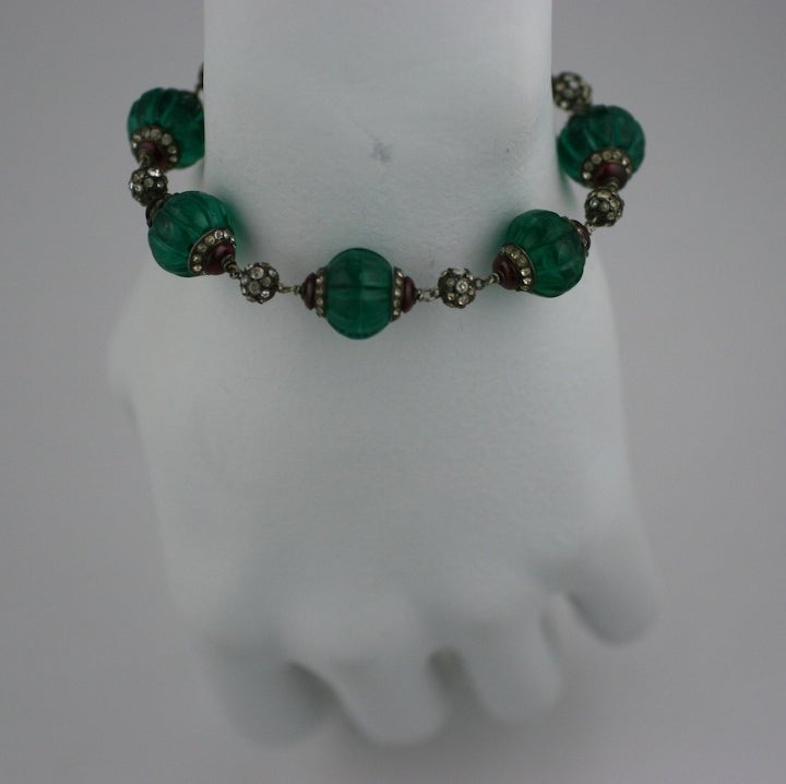  Maison Gripoix  for Chanel Art Deco Fluted Emerald and Paste Bracelet In Fair Condition For Sale In New York, NY