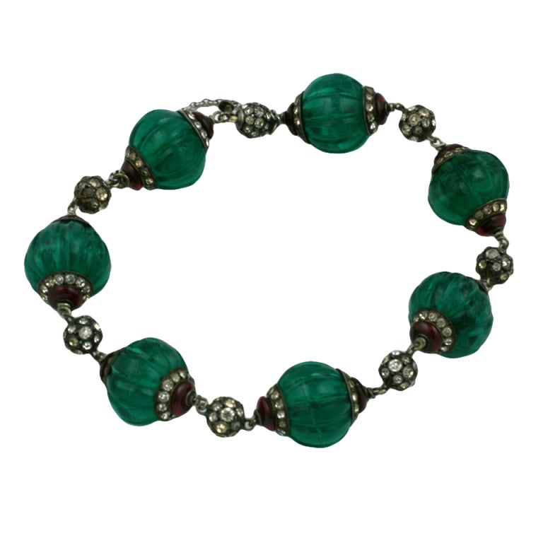  Maison Gripoix  for Chanel Art Deco Fluted Emerald and Paste Bracelet