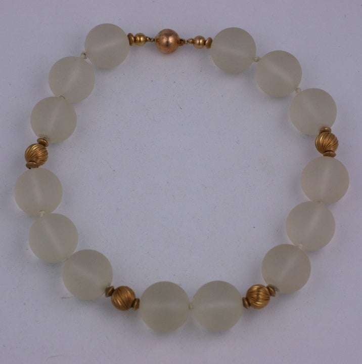 Large frosted rock crystal beads spaced with 14K gold fluted beads and ball clasp. USA 1980s. 15.5