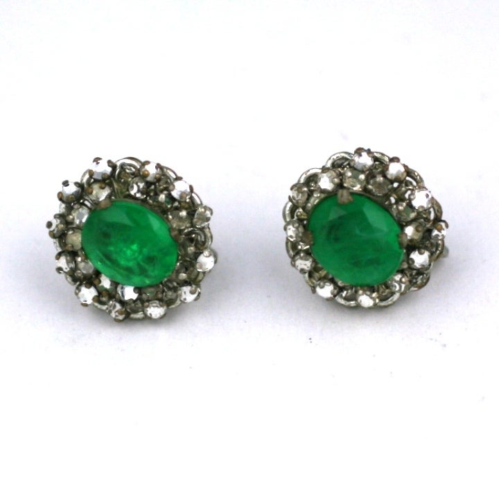 Elegant Miriam Haskell faux emerald and crystal rose montes  silver gilt earclips. 1