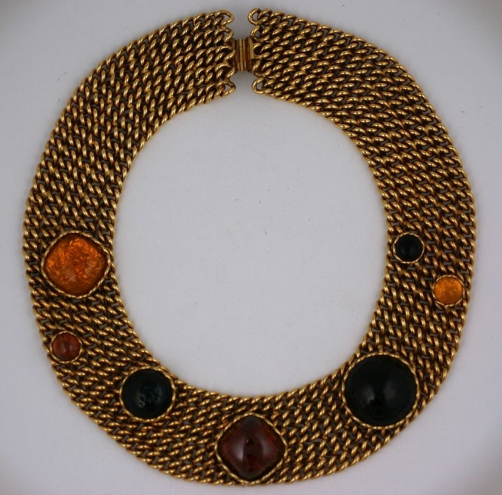 Striking wide collar of braided gilt metal with poured glass tonal citrine cabochons set on top. Handmade by Maison Gripoix for Dominique Aurientis, Paris in the late 1980's. 16