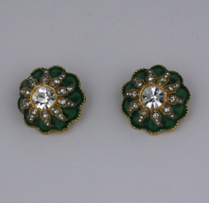 Early Kenneth Jay Lane earclips of domed enamel with paste accents in the manner of David Webb. 1