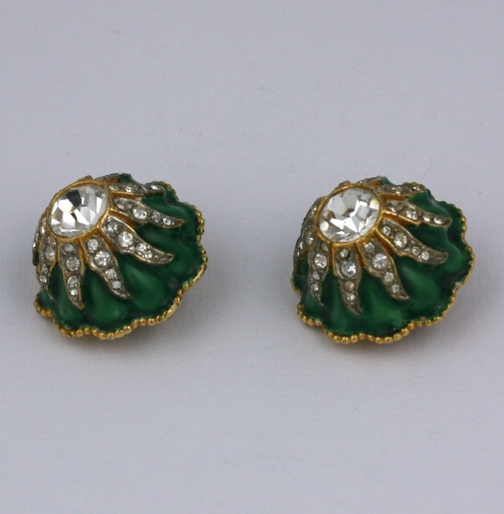 K.J.L. Green Enamel Dome Earclips In Excellent Condition For Sale In New York, NY