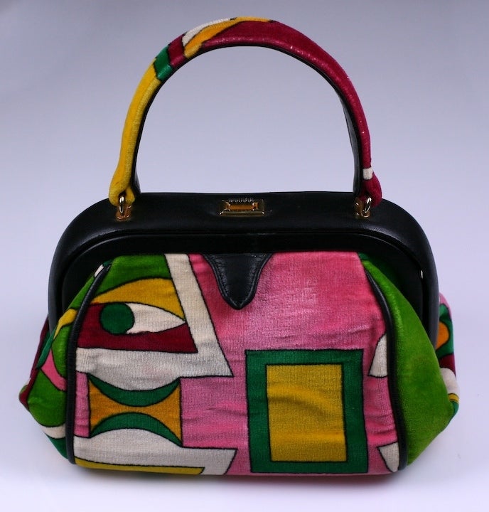 Unusual Emilio Pucci period satchel in vibrant cotton velvet with leather trims. An observant 
