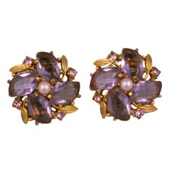 Schiaparelli Flower Head Amythest Earclips