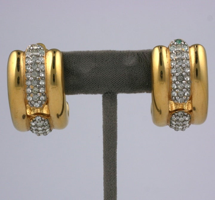 Givenchy gilded half hoops clip earrings with pave rhinestone strips down center. Curved deco-esque form. Excellent condition. 2