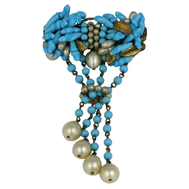 Louis Rousselet Fine Turquoise and Pearl Brooch For Sale