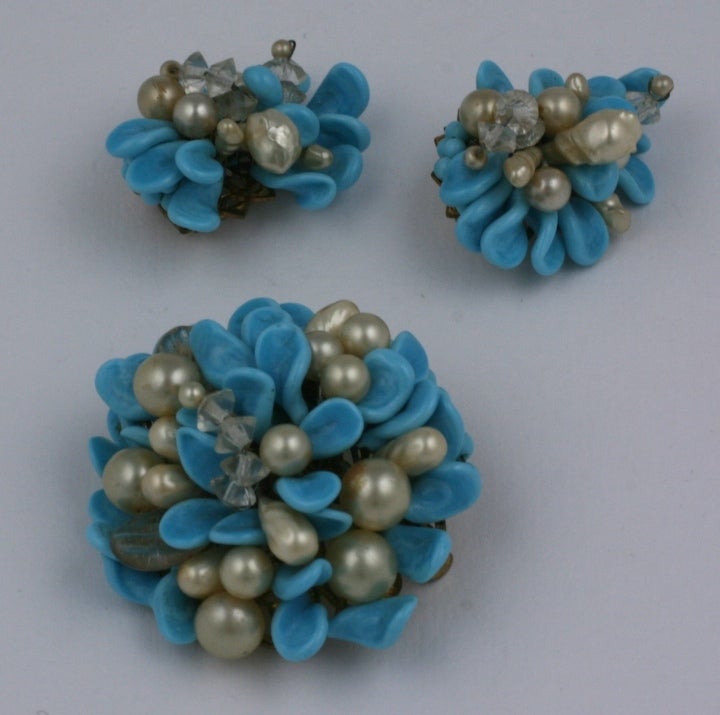 Art Deco Louis Rousselet Turquoise and Pearl Brooch and Earclips