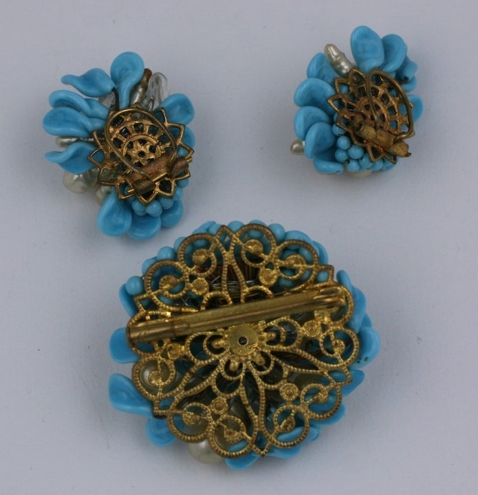 Louis Rousselet Turquoise and Pearl Brooch and Earclips For Sale at 1stdibs