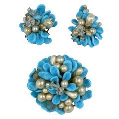 Louis Rousselet Turquoise and Pearl Brooch and Earclips