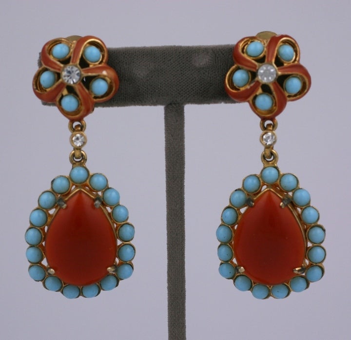 Attractive Kenneth Jay Lane pendant earrings from the late 1960's of faux tortoise, turquoise and enamel. Clip back fittings. 2.75