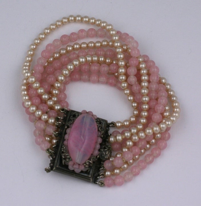 Art Deco Rare Louis Rousselet Rose Pate de Verre and Pearl  Bracelet For Sale