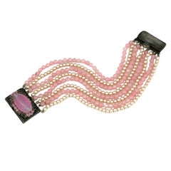 Seltener Louis Rousselet Rose Pate de Verre und Perle Armbänder