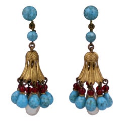Vintage Louis Rousselet  Turquoise, Ruby, and Pearl Lotus Earrings