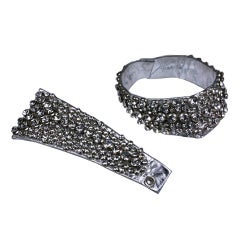 Vintage Rhinestone New Wave Silver Leather Choker and Cuff
