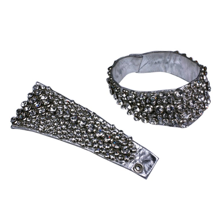 Rhinestone New Wave Silver Leather Choker and Cuff For Sale