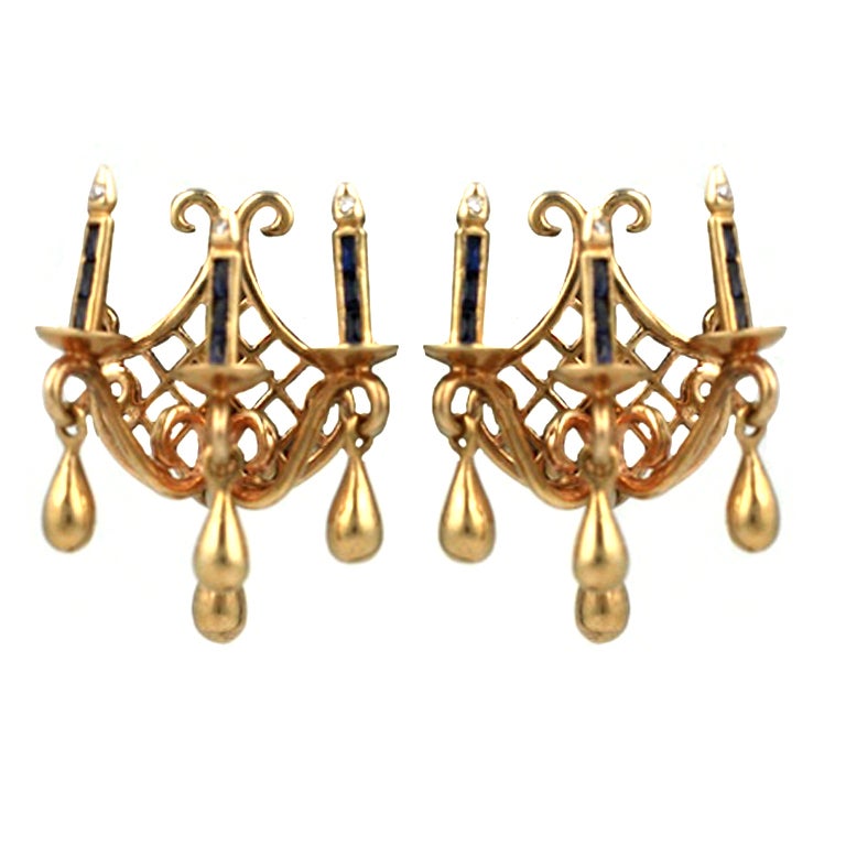 Unusual 14K Figural Candle Sconce Earrings For Sale