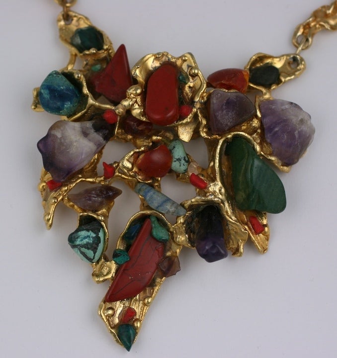 Elaborate and large modernist pendant set with tumbled semiprecious gemstones. Freeform gold pendant 4 x 4.5