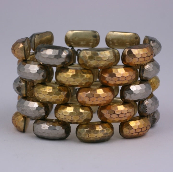 Retro Tri- Colored Gold Hammered Tank Bracelet In Excellent Condition In New York, NY