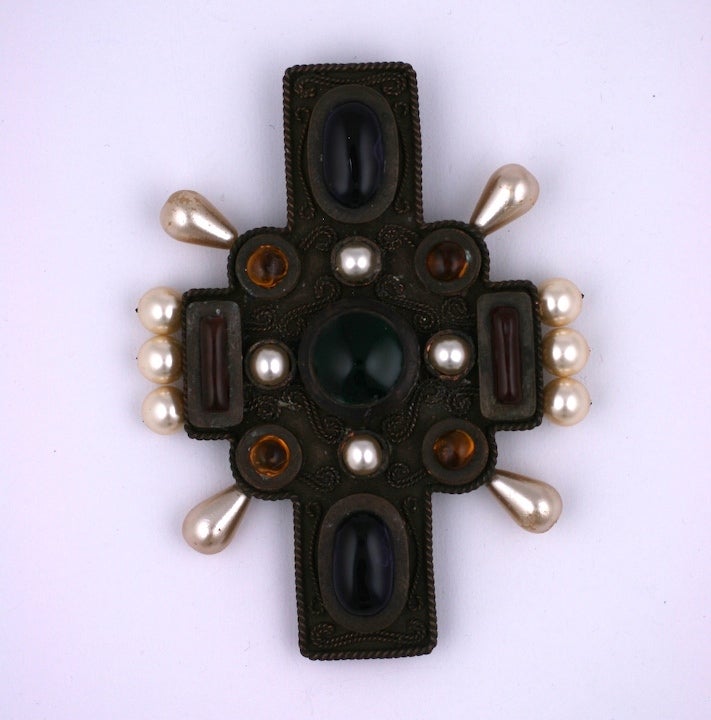 Massive Chanel Cross Brooch in shades of emerald, topaz and amythest poured glass cabocheons with faux pearls by Maison Gripoix. Intricate scrolled wirework design on antique bronze finish. There is a loop in back for a chain as well. France