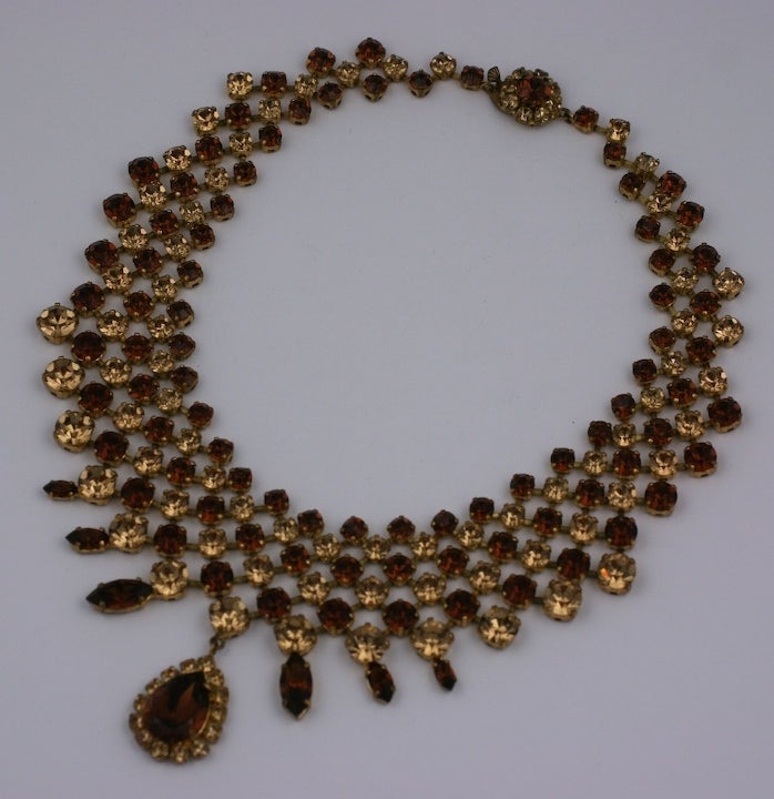 Large collar necklaceby Roger Jean- Pierre from the 1950's. Two tones of citrine pastes are hand set into this amazing flexible collar with central pear shaped drop. RJP produced stunning collections for many of the top Parisian Haute Couture houses