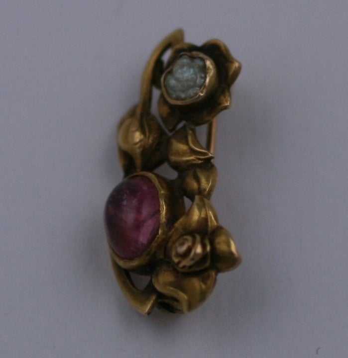 Art Nouveau Kalo Pink Tourmaline and Pearl Brooch For Sale