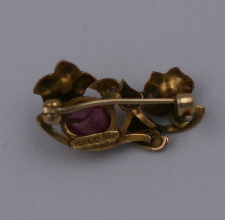 Art Nouveau Kalo Pink Tourmaline and Pearl Brooch For Sale