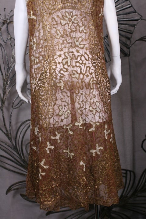 Brown French 1920's Gilt Lace Dress