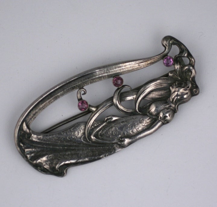 Turn of the century heavy gauge sterling brooch by Gorham manufacturers. The Gorham company specialized in the highest quality flatware and holloware of the period. The jewelry production was small in comparison and large pieces with stones are