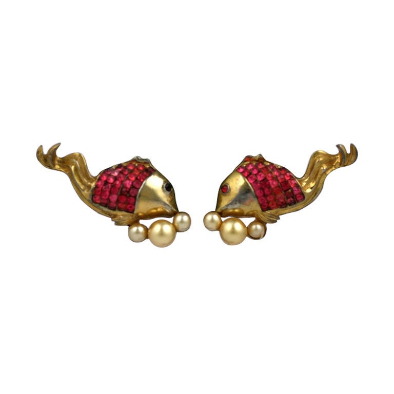 Art Deco Calvaire Invisibly Set Fish Earclips