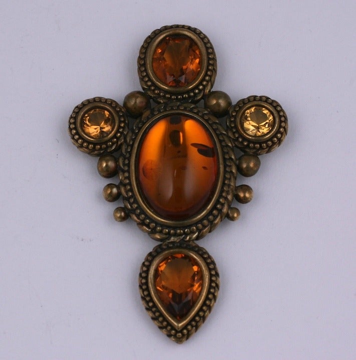 Large Stephen Dweck bronze brooch with genuine amber cabochon and topaz and citrine stones set throughout in antique bronze. 3
