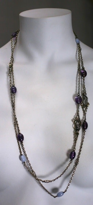 Uncut French Figural Silver Long Chain with Gemstones For Sale