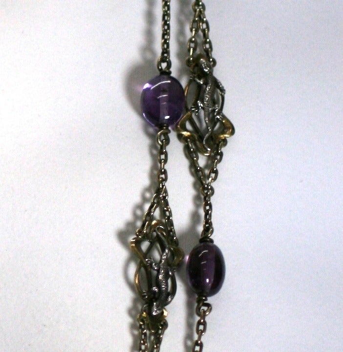 French Figural Silver Long Chain with Gemstones In Excellent Condition For Sale In New York, NY