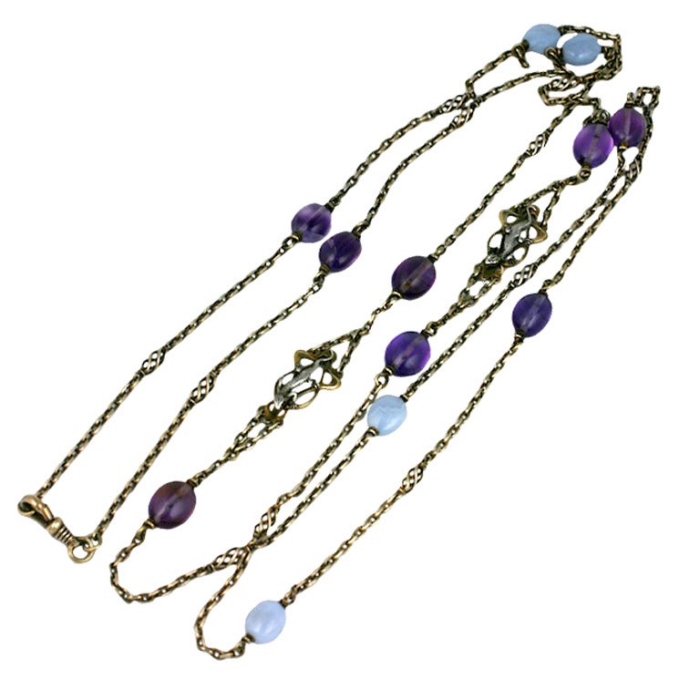 French Figural Silver Long Chain with Gemstones For Sale